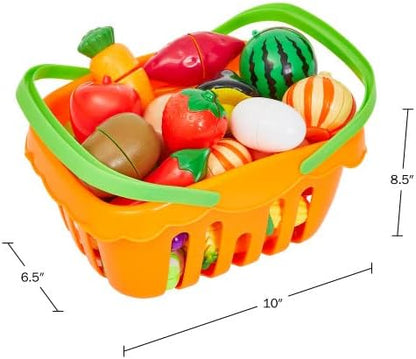 Hey! Play! 46-Piece Play Food Set - Includes 35 Cutting Play Food Toys, Grocery Basket, 3 Cutting Boards, 3 Knives, and 4 Dishes - for Ages 3 and Up, Orange (80-PP170010)