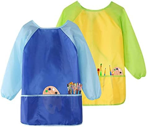 Kids Art Smocks, Painting Apron Artist Smock with Sleeve and 3 Pockets 2 Pack Black/White Set