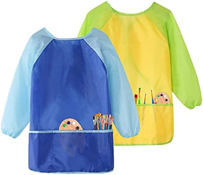 Kids Art Smocks, Painting Apron Artist Smock with Sleeve and 3 Pockets 2 Pack Black/White Set