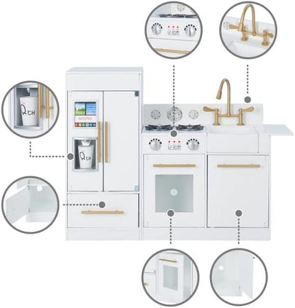 Teamson Kids Little Chef Charlotte Modern Modular Interactive Wooden Play Kitchen with Refrigerator, Stove and Sink in White with Gold Finishes