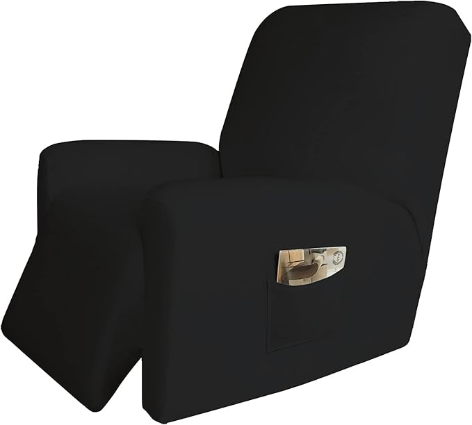 Easy-Going 4 Pieces Microfiber Stretch Recliner Slipcover – Spandex Soft Fitted Sofa Couch Cover, Washable Furniture Protector with Elastic Bottom for Kids, Pet(Recliner, Black)