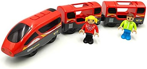 Battery Operated Trains for Wooden Train Track Set Locomotive with Light for Toddlers 3 4 5 Year Old Boys Red High Speed Magnetic Couplings with Passengers(Without Battery)
