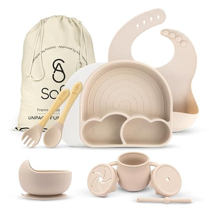 All In One Silicone Baby Feeding Set By SofiAl - Safe for 6-12 Months - Non-Toxic Baby Led Weaning Supplies - Toddler Self Feeding Utensils - BPA-Free - Mess Free Baby Feeding Essentials
