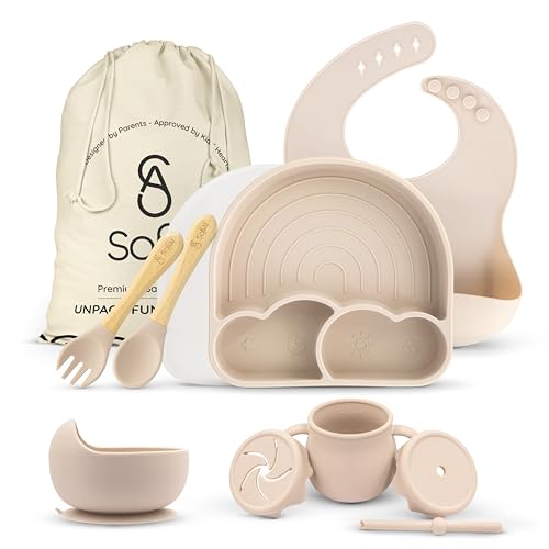 All In One Silicone Baby Feeding Set By SofiAl - Safe for 6-12 Months - Non-Toxic Baby Led Weaning Supplies - Toddler Self Feeding Utensils - BPA-Free - Mess Free Baby Feeding Essentials