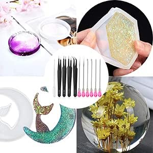 11 Pcs Silicone Resin Mold Tools Set, Tweezers Jewelry Making Kit, Stirring Needle Spoon Tool, Anti-Static Stainless Steel ESD Tweezers Precision Set for DIY Epoxy Resin Casting Craft