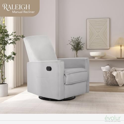 Evolur Raleigh Glider in Grey, Upholstered Plush Seating 360° Swivel Glider Rocking Chair, FSC Certified, Greenguard Gold & JPMA Certified Nursery Glider Recliner