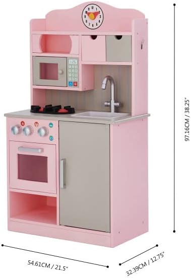 Teamson Kids Little Chef Florence Classic Interactive Wooden Play Kitchen with Accessories and Storage Space for Easy Clean Up, Pink with Gray Accents
