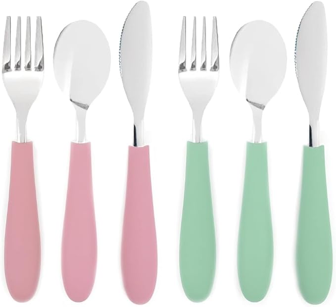 Elk and Friends Kids Silverware with Silicone Handle | Childrens Safe Flatware | Kids Utensils | Spoon + Fork + Knife set | 4 years+ | 6 Pieces