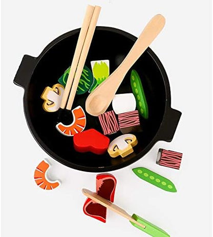 DANNI Children Wood Pretend Play Food Kitchen Toys Baby Simulation Chinese Finished Restaurant Casserole Vegetable Hot Pot Food Toy