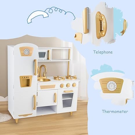 Kitchen Playset for Kids Ages 3-8, Wooden Pretend Play Kitchen for Toddlers, Including Telephone, Ice Maker, Refrigerator, Dimensions: 35” H x 31” W x 12” D (White)
