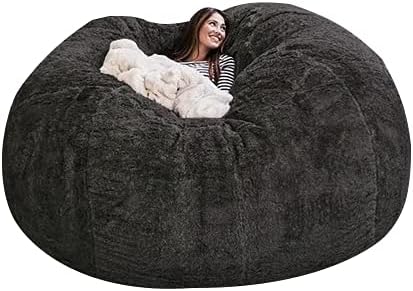 Giant Fur Bean Bag Cover (Cover only, no Filler) Living Room Furniture Big Round Soft and Fluffy Artificial Fur Bean Bag Lazy Sofa Bed Cover (6FT+New Dark Gray)