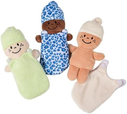 Creative Minds Basket of Babies with 3 Super Soft 9" Plush Doll Toys for Kids, Multicultural Sensory Babies Toy Set with Basket, Green, White, Blue