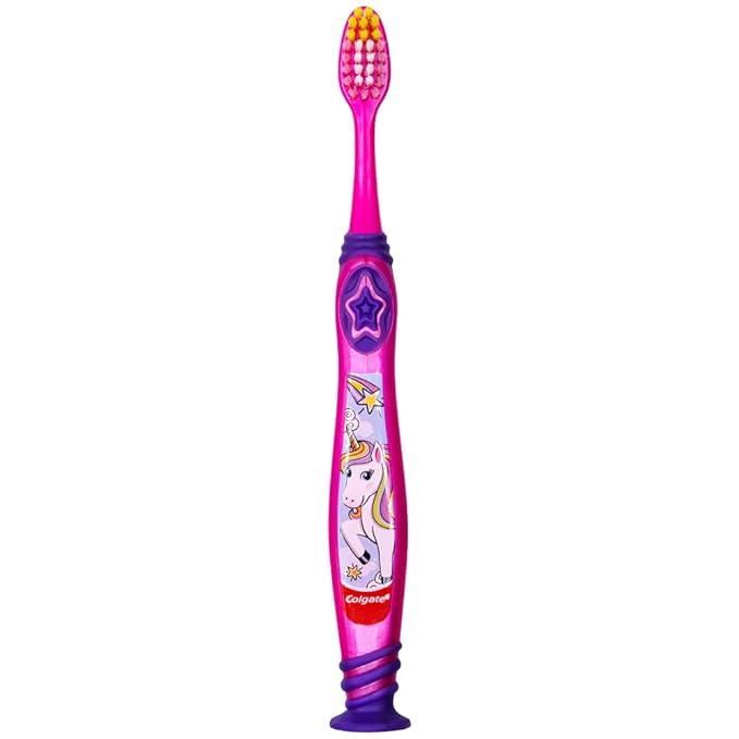 Colgate Kids Unicorn Toothbrush with Suction Cup for Children 5+ Years Old, Extra Soft (Colors Vary) - Pack of 4