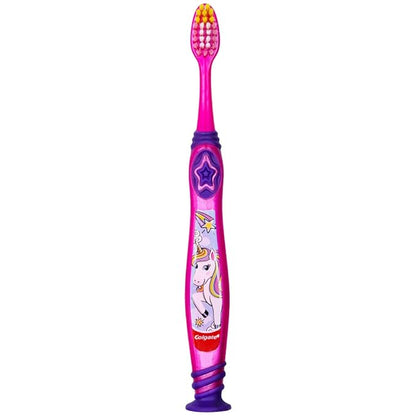 Colgate Kids Unicorn Toothbrush with Suction Cup for Children 5+ Years Old, Extra Soft (Colors Vary) - Pack of 4