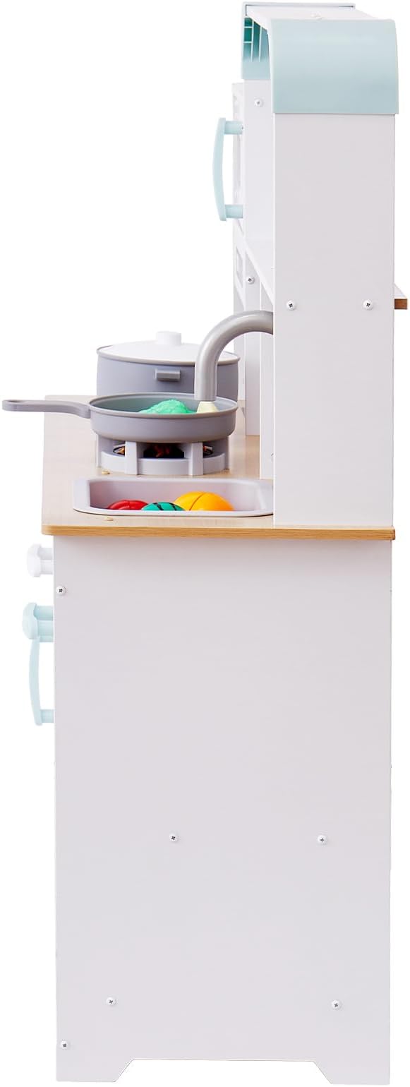 VEVOR Wooden Play Kitchen Toy, Play Kitchen for Kids with Lights and Sounds, Toddler Kitchen with Ice Maker, Oven, Sink, Microwaves, Fridge and Utensil and Fruit Accessory for Toddlers Ages 3-8, White