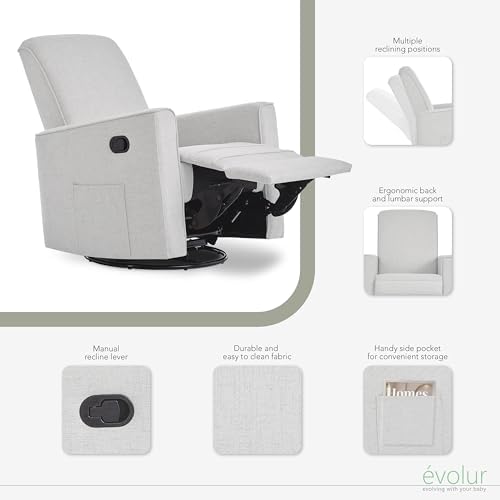 Evolur Raleigh Glider in Fog, Upholstered Plush Seating 360° Swivel Glider Rocking Chair, FSC Certified, Greenguard Gold & JPMA Certified Nursery Glider Recliner