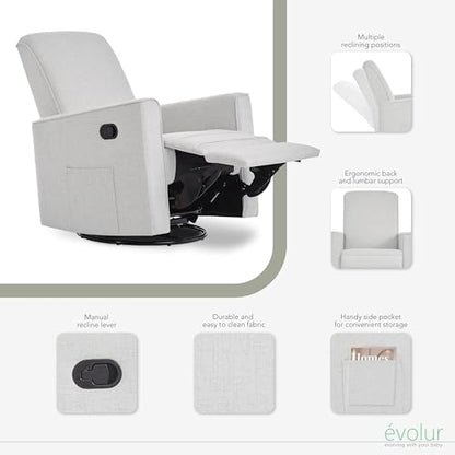 Evolur Raleigh Glider in Fog, Upholstered Plush Seating 360° Swivel Glider Rocking Chair, FSC Certified, Greenguard Gold & JPMA Certified Nursery Glider Recliner