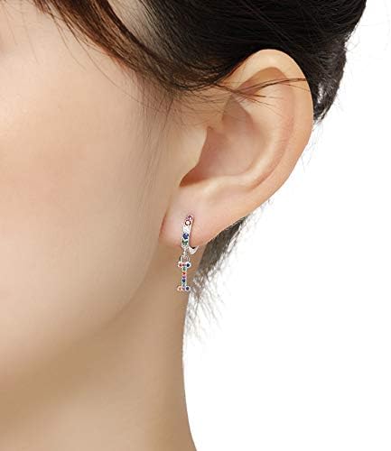 Presentski Initial Earrings 925 Sterling Silver Colorful Huggie Small Hoop Earrings Rainbow CZ Drop Dangle Simple Alphabet Earrings S925 Hypoallergenic Earring Letter A-Z for Daughter Women
