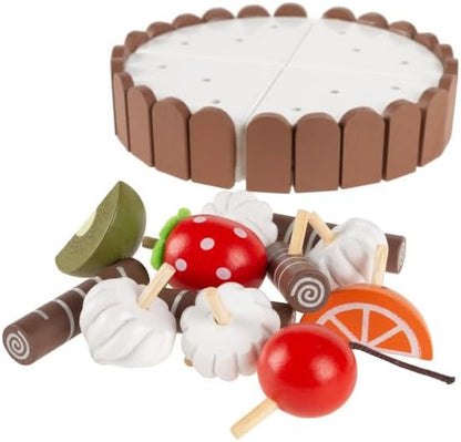 Hey! Play! Birthday Cake-Kids Wooden Magnetic Dessert with Cutting Knife, Fruit Toppings, Chocolate and Vanilla Swirls-Fun Pretend Play Party Food