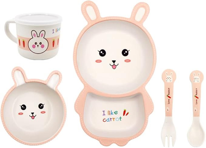 Bamboo Kids Dinnerware Set 5 Pcs Includes Plate Bowl Cup Fork Spoon Perfect for Kids BPA-Free (Rabbit)