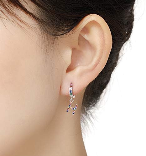 Presentski Initial Earrings 925 Sterling Silver Colorful Huggie Small Hoop Earrings Rainbow CZ Drop Dangle Simple Alphabet Earrings S925 Hypoallergenic Earring Letter A-Z for Daughter Women