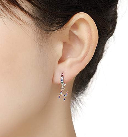 Presentski Initial Earrings 925 Sterling Silver Colorful Huggie Small Hoop Earrings Rainbow CZ Drop Dangle Simple Alphabet Earrings S925 Hypoallergenic Earring Letter A-Z for Daughter Women