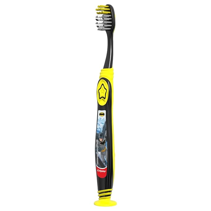 Colgate Batman Toothbrush for Children with Suction Cup, Kids 5+ Years Old, Extra Soft (Colors Vary) - Pack of 2