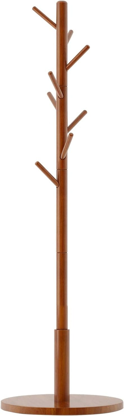 Wood Coat Rack Freestanding, Coat Stand with 8 Hooks, Kids Coat Tree with 3 height options and Sturdy Base, Rustic Coat Rack Small Hall Tree Brown YD-1008