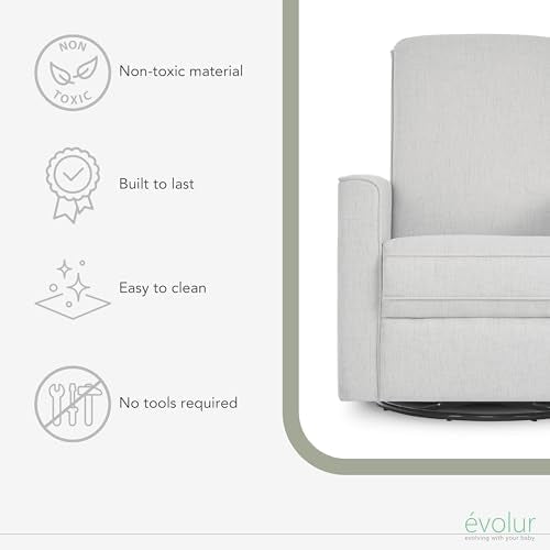 Evolur Raleigh Glider in Fog, Upholstered Plush Seating 360° Swivel Glider Rocking Chair, FSC Certified, Greenguard Gold & JPMA Certified Nursery Glider Recliner