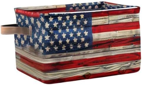 AUUXVA American Flag Patriotic Wooden Storage Basket Bin Memorial Day Large Fabric Toys Storage Cube Box with Handles Collapsible Closet Shelf Cloth Organizer Basket for Nursery Bedroom Bathroom