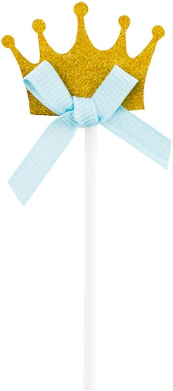 Restaurantware Top Cake Inch Crown Cupcake Toppers 100 Glitter Crown Cupcake Picks - Blue Bow For Birthday Parties Or Baby Showers Gold Paper Crown Cake Decorations Royal Prince Theme Decorations