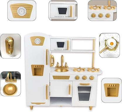Kitchen Playset for Kids Ages 3-8, Wooden Pretend Play Kitchen for Toddlers, Including Telephone, Ice Maker, Refrigerator, Dimensions: 35” H x 31” W x 12” D (White)