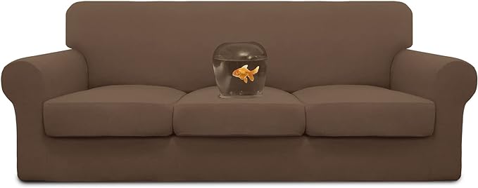 Easy-Going 100% Dual Waterproof Stretch Soft Couch Cover for Dogs, Sofa Slipcover for 3 Separate Cushion Couch Leakproof Furniture Protector for Kids, Pets Brown