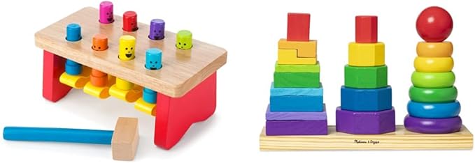 Melissa & Doug Geometric Stacker - Wooden Educational Toy & Deluxe Pounding Bench Wooden Toy with Mallet