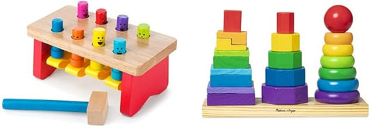 Melissa & Doug Geometric Stacker - Wooden Educational Toy & Deluxe Pounding Bench Wooden Toy with Mallet