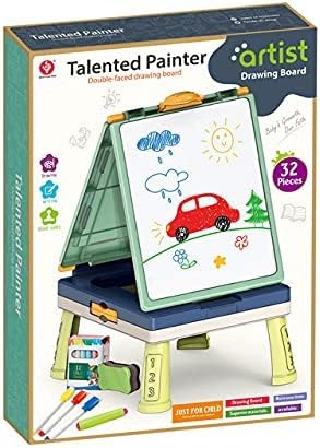 Kids MeeA Art Easel Whiteboard Chalkboard All-in-One with 32 Accessories, Markers, Color Chalk, Games Pieces, case and Stand.(3 Years and Older)