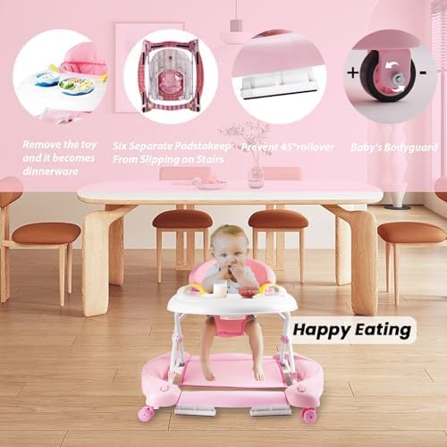 Boyro Baby 5-in-1 Baby Walker, Baby Walkers for Boys Girls 6-12 Months, Foldable Activity Walker, Toddler Infant Walker with Bouncer, Adjustable Height, Removable Footrest, Feeding Tray, Music