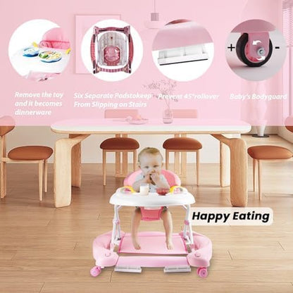 Boyro Baby 5-in-1 Baby Walker, Baby Walkers for Boys Girls 6-12 Months, Foldable Activity Walker, Toddler Infant Walker with Bouncer, Adjustable Height, Removable Footrest, Feeding Tray, Music