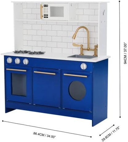 Teamson Kids Little Chef Berlin Kids Play Kitchen with 6 Kitchen Accessories, Wooden Play Kitchen Set for Toddlers with Subway Tile Backsplash, Gold Hardware, & Storage Shelves, Blue/White