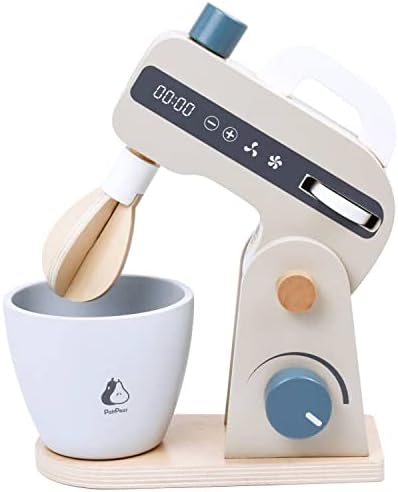 PairPear Play Food Stand Mixer, Wooden Toys Bake Cookies Playset, Multi-Function Play Kitchen Accessories for Kids Ages 3+