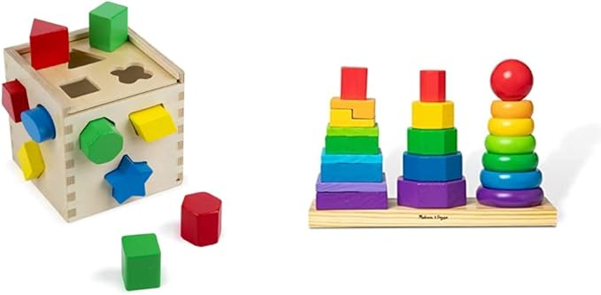 Melissa & Doug Geometric Stacker - Wooden Educational Toy & Shape Sorting Cube - Classic Wooden Toy with 12 Shapes