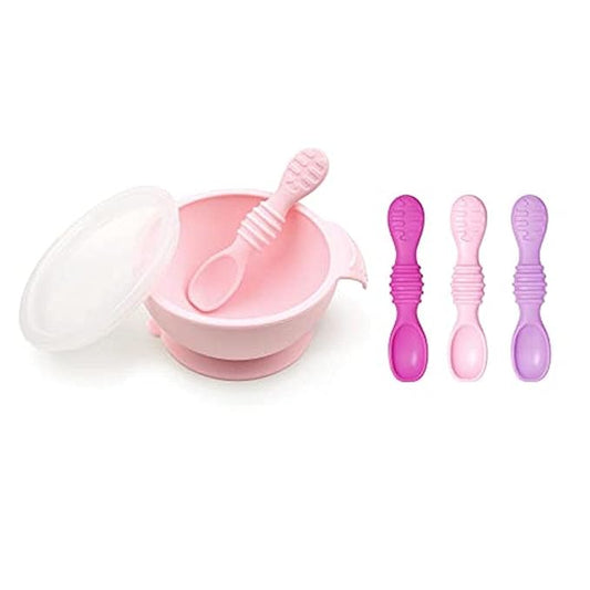 Bumkins Baby Bowl, Silicone Feeding Set with Suction for Baby and Toddler, Includes 4 Spoons and Lid, First Feeding Set, Training Essentials for Baby Led Weaning for Babies 4 Months Up, Pink