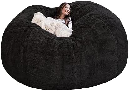 Giant Fur Bean Bag Cover (Cover only, no Filler) Living Room Furniture Big Round Soft and Fluffy Artificial Fur Bean Bag Lazy Sofa Bed Cover (7FT+New Black)