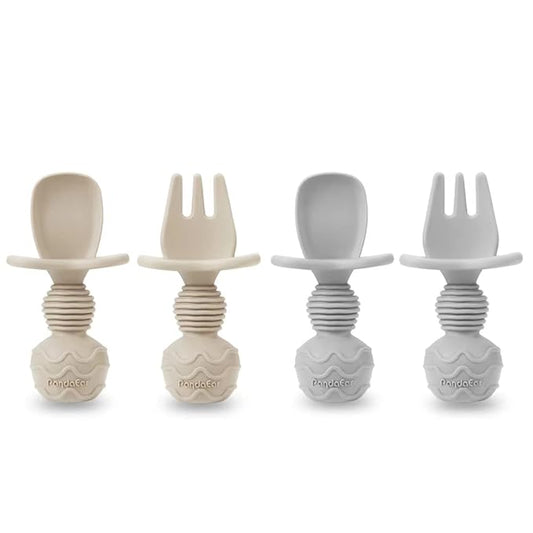 PandaEar (4 Pack) Silicone Baby Led Weaning Spoon Fork| First Training Self Feeding Utensils Set| Anti-Choke Silverware Eating Supplies for Toddler 6 Months Up (Carnation Grey)