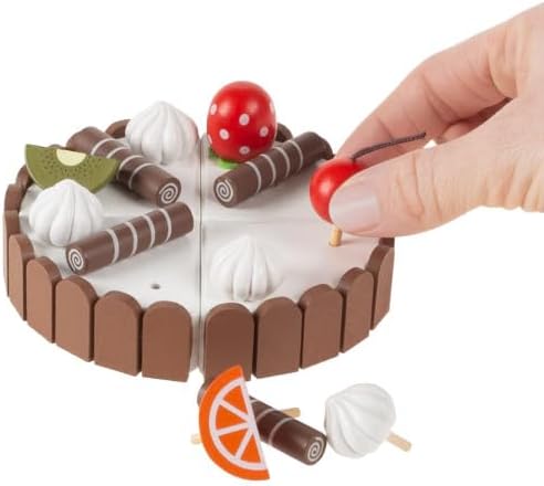 Hey! Play! Birthday Cake-Kids Wooden Magnetic Dessert with Cutting Knife, Fruit Toppings, Chocolate and Vanilla Swirls-Fun Pretend Play Party Food