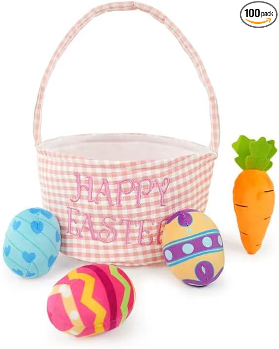 Easter Basket Gift Stuffed Baskets Toys,5 Pack Easter Egg Carrot Plush Toys,Baby Gift Baskets Egg Hunt Toy Easter Party for Baby Toddler Kids (Pink Basket)