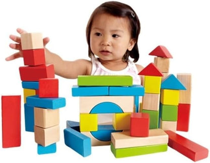 Hape Maple Wood Kids Building Blocks Stacking Wooden Block Educational Toy Set for Toddlers, 50 Brightly Colored Pieces in Assorted Shapes and Sizes