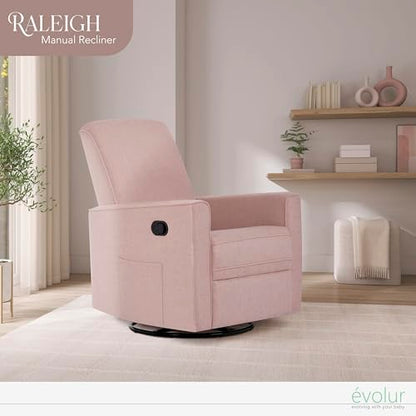 Evolur Raleigh Glider in Rose, Upholstered Plush Seating 360° Swivel Glider Rocking Chair, FSC Certified, Greenguard Gold & JPMA Certified Nursery Glider Recliner