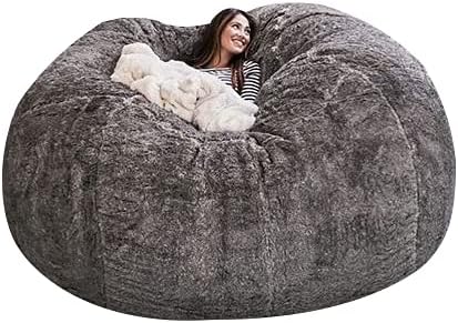 Giant Fur Bean Bag Cover (Cover only, no Filler) Living Room Furniture Big Round Soft and Fluffy Artificial Fur Bean Bag Lazy Sofa Bed Cover (6FT+New Light Gray)