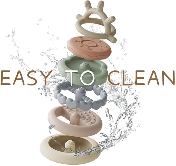 Moonkie Stacks of Circles Soft Teething Toy | Educational Learning Baby Toy | Stacking Ring Toys for Babies Boy and Girl | 7 Piece Teethers Set (Nature)